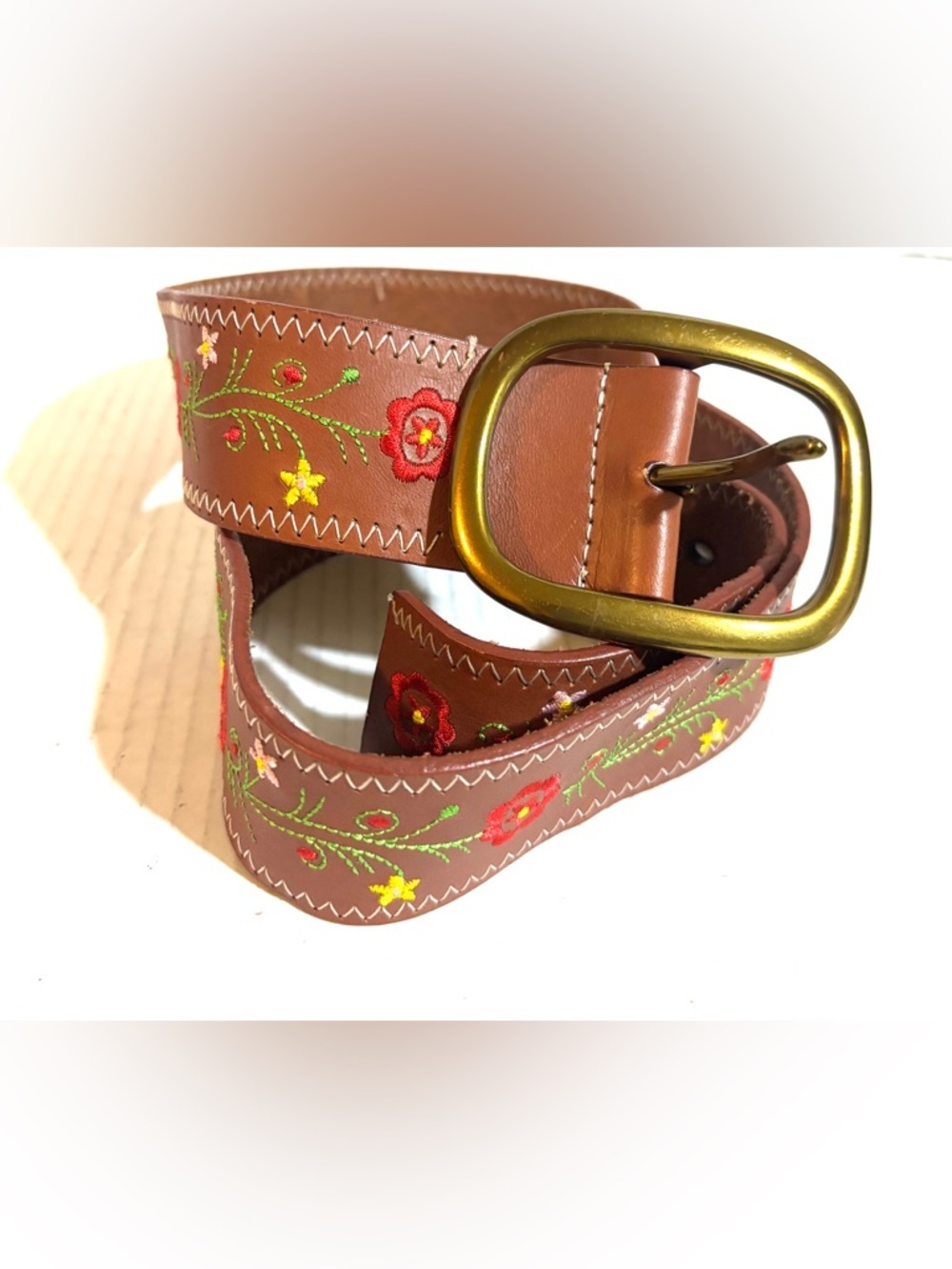 Women's unisex Brown Embroidered Floral Leather Belt